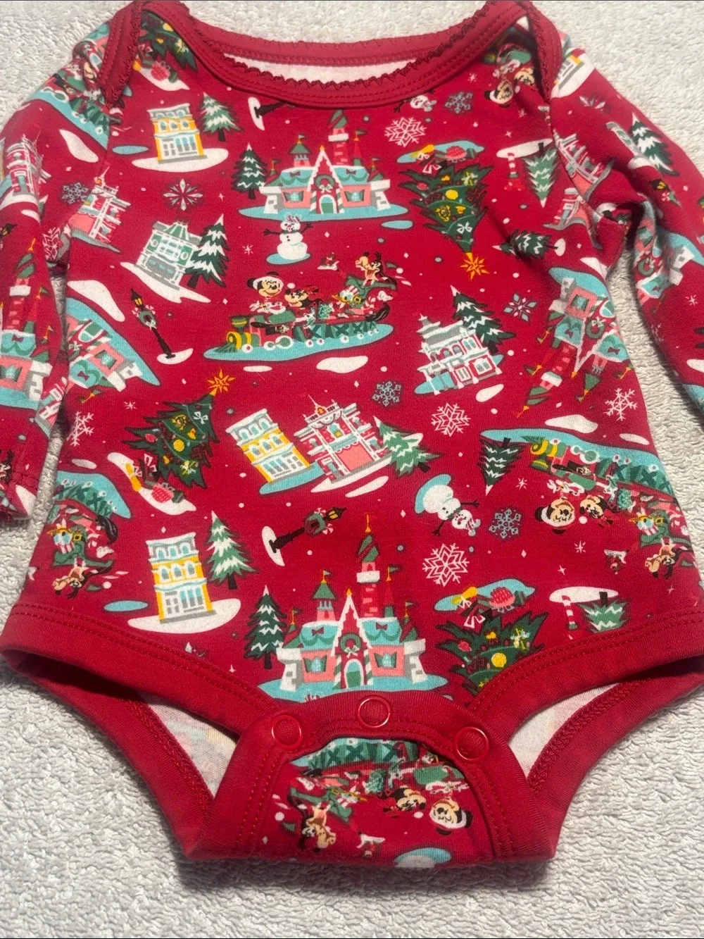 Disney Red Holiday Village Print Long-Sleeve One-Piece Bodysuit